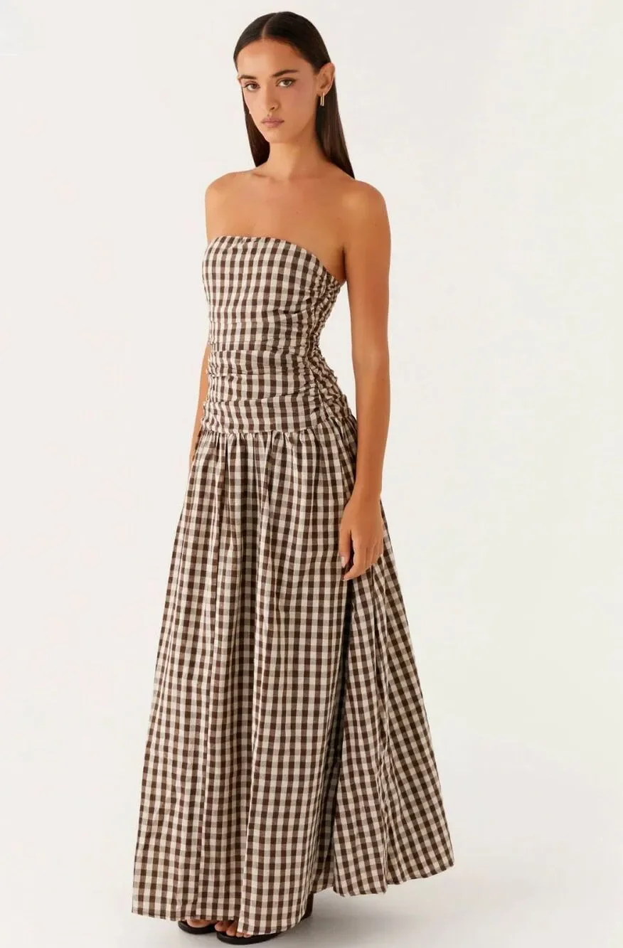 Peppermayo Carmel Strapless Maxi Dress in Brown Gingham Size 4